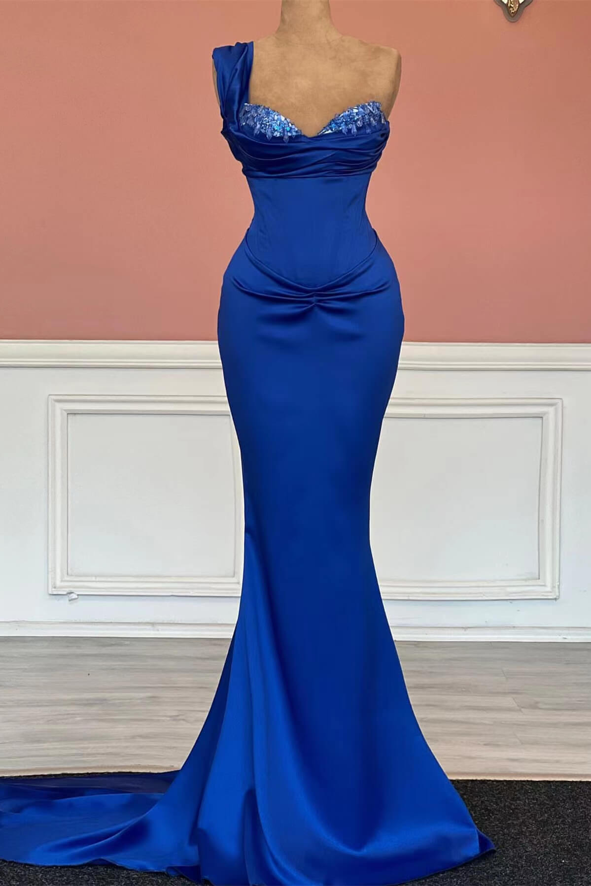 Royal Blue Long Mermaid Sweetheart One Shoulder Prom Dress With Sequins