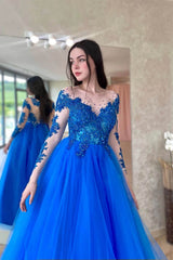 Royal Blue Long Sleeves Tulle A Line Long Prom Dress With Appliques Amazing