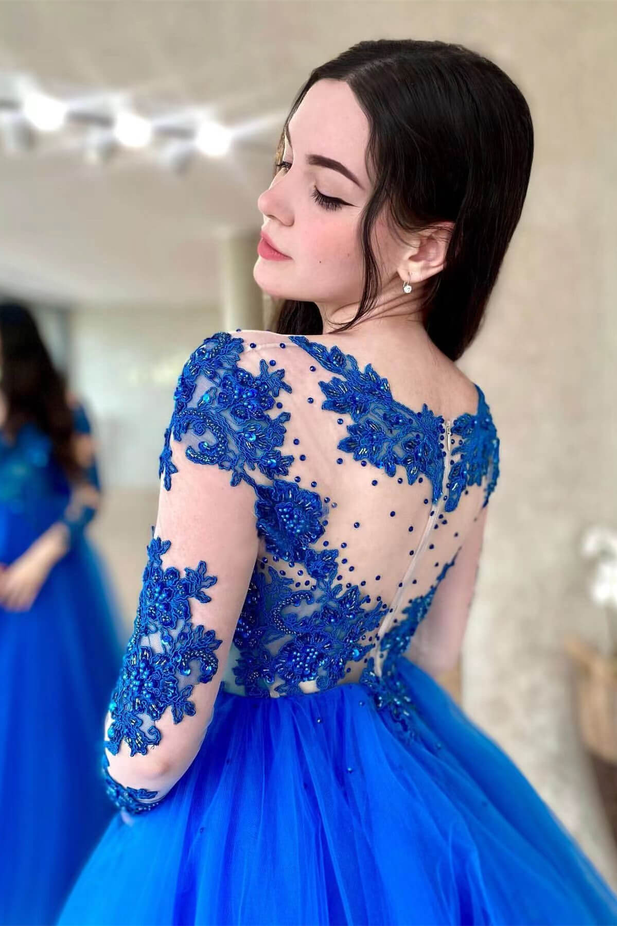 Royal Blue Long Sleeves Tulle A Line Long Prom Dress With Appliques Amazing