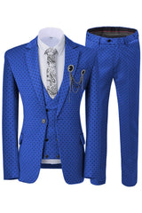 Royal Notched Lapel Three Pieces Blue Prom Suits With Black Dot