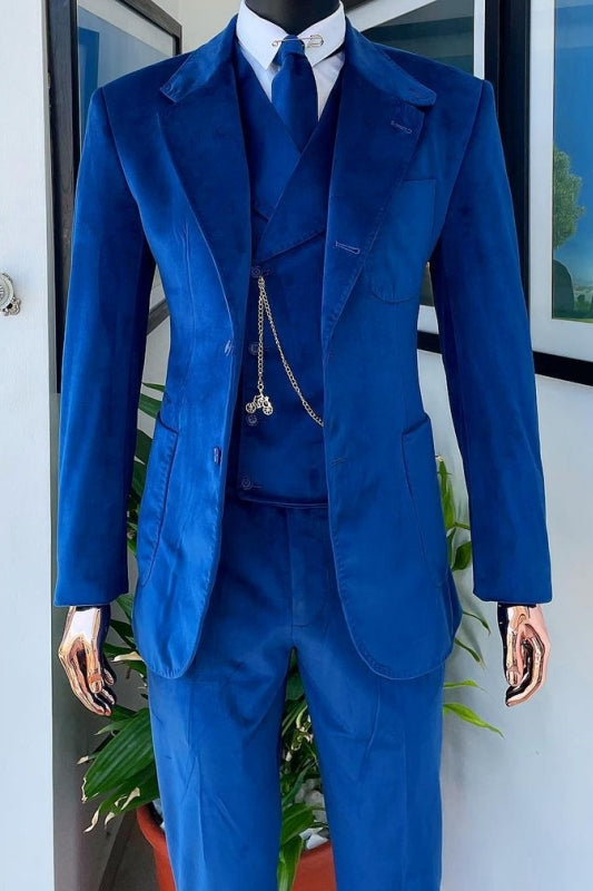 Royal Notched Lapel Three Pieces Velvet Blue Prom Suits