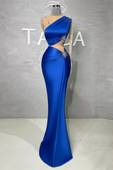 Royal Blue One Shoulder Long Sleeve Mermaid Evening Dress With Sequins