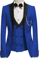Royal Peaked Lapel Three Pieces Close Fitting Blue Prom Suits