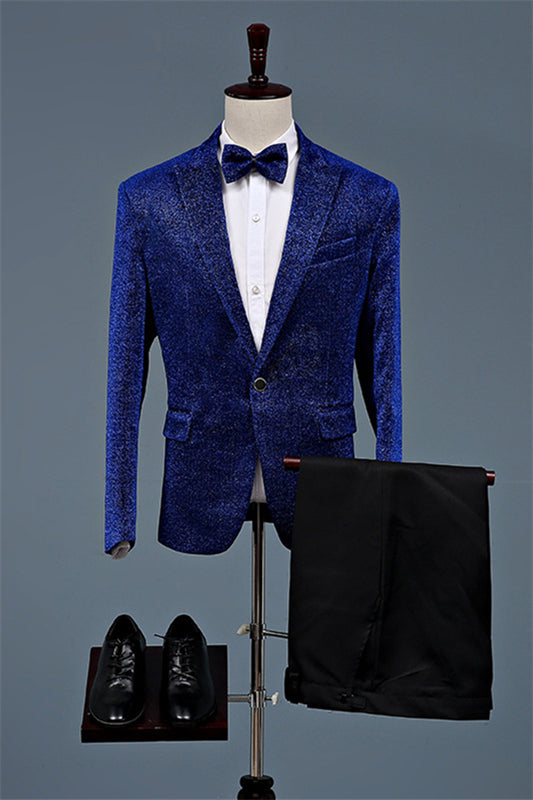 Royal Peaked Lapel Two Pieces Fashion Sequins Blue Prom Suits