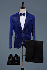 Royal Peaked Lapel Two Pieces Fashion Sequins Blue Prom Suits