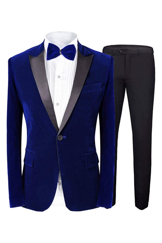 Royal Peaked Lapel Two Pieces Velvet Blue Prom Suits For Men