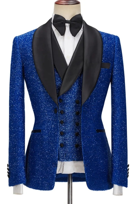 Royal Sequins Shawl Lapel Three Pieces Blue Wedding Suits