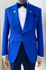 Royal Shawl Lapel Slim Fit Jacquard Blue Wedding Suits