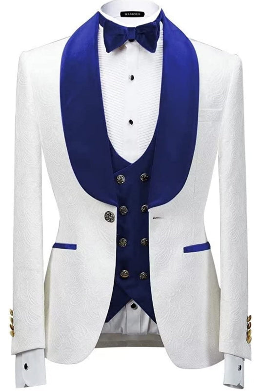 Royal Shawl Lapel Three Pieces New Arrival Jacquard Blue Wedding Suits