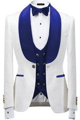 Royal Shawl Lapel Three Pieces New Arrival Jacquard Blue Wedding Suits