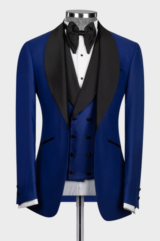Royal Shawl Lapel Three Pieces Blue Wedding Suits Men Slim Fit Tuxedos Blazer Vest Pants