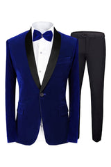 Royal Shawl Lapel Two Pieces Velvet Blue Wedding Suits For Men