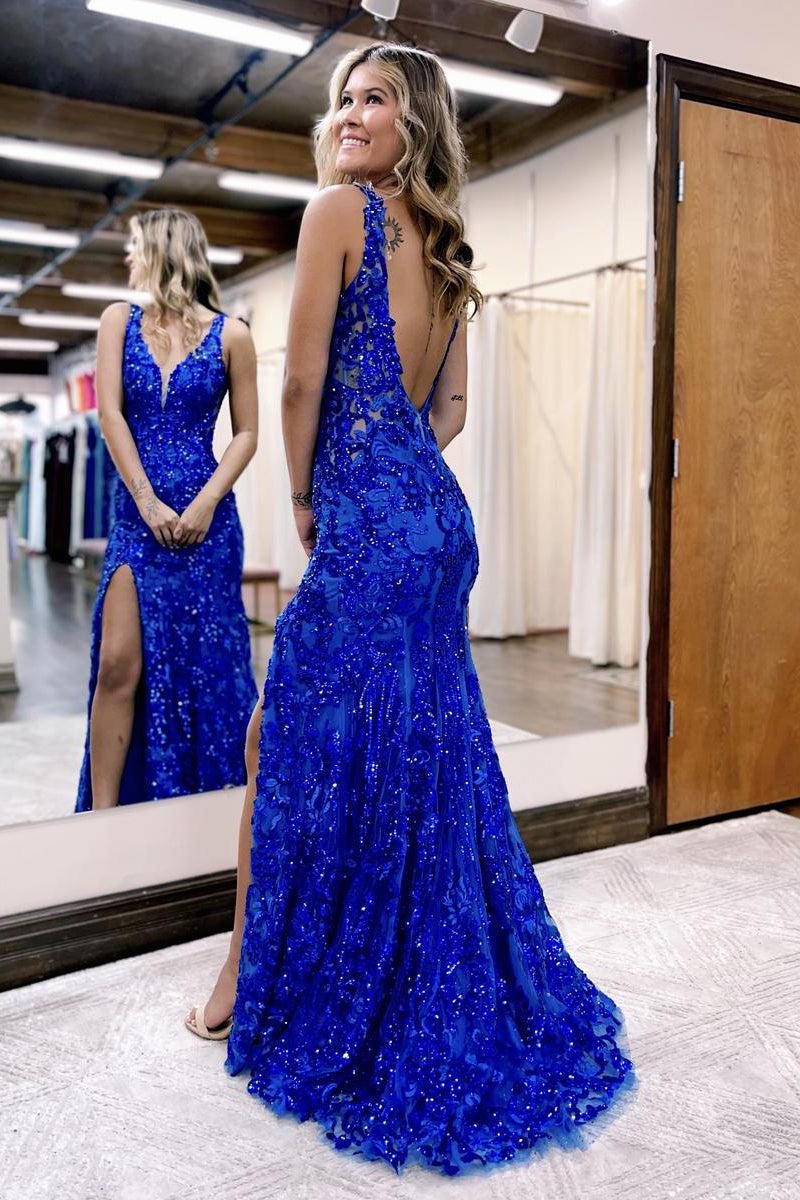 Royal Blue Strap Backless Sleeveless Beadings Long Prom Dress With Split