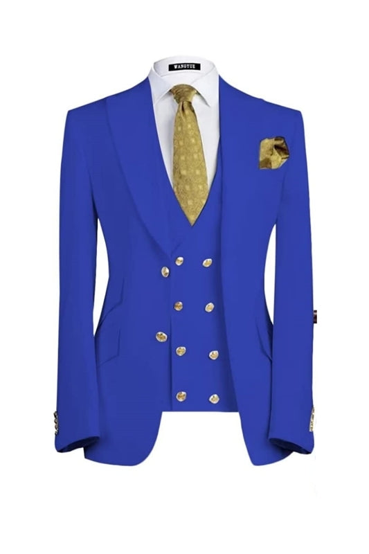 Royal Three Pieces Peaked Lapel Blue Prom Suits For Men