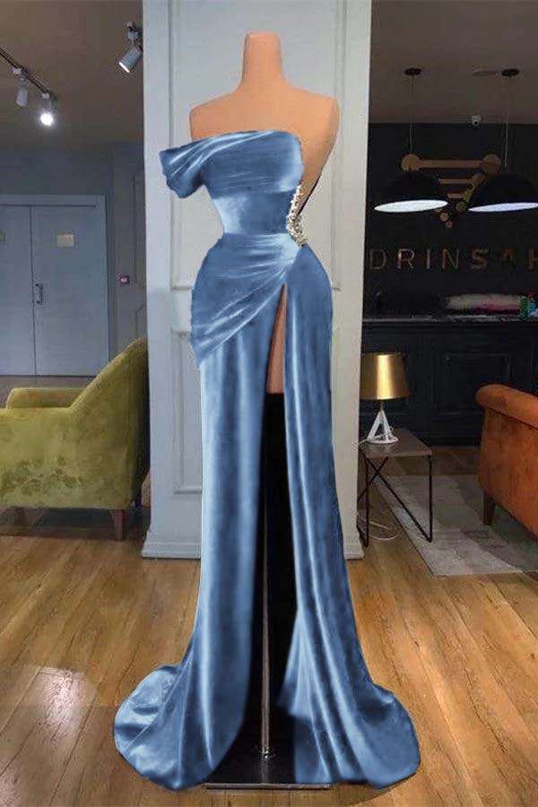 Royal Blue Velvet Sleeveless Strapless Long Split Mermaid Prom Dress With Beading