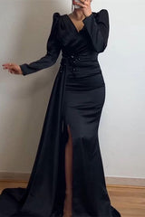 Ruffles Mermaid Beadings Long Sleeves Pleated Prom Dress With Front Split