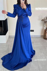 Ruffles Mermaid Beadings Long Sleeves Pleated Prom Dress With Front Split