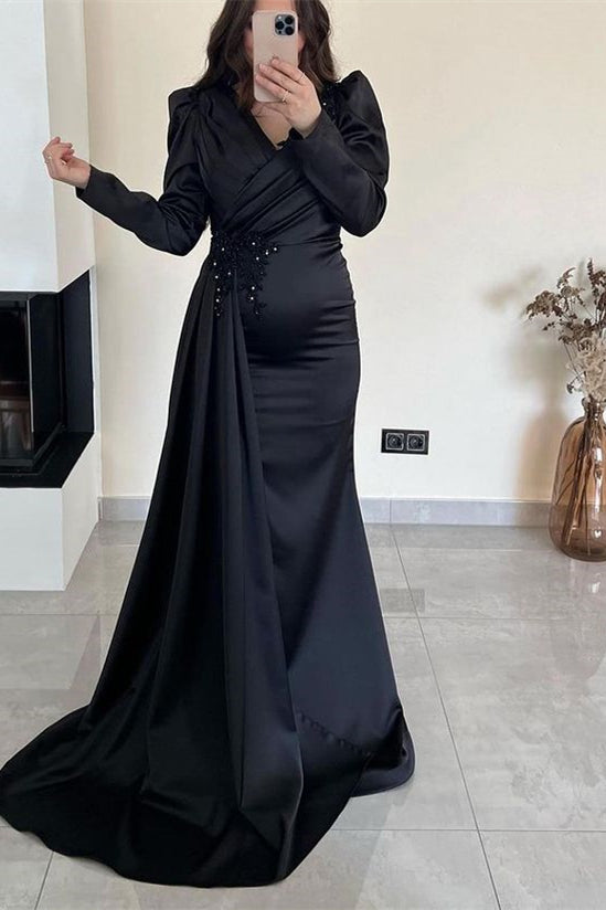 Ruffles Mermaid Beadings Long Sleeves Pleated Prom Dress With Front Split