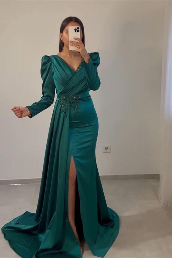 Ruffles Mermaid Beadings Long Sleeves Pleated Prom Dress With Front Split