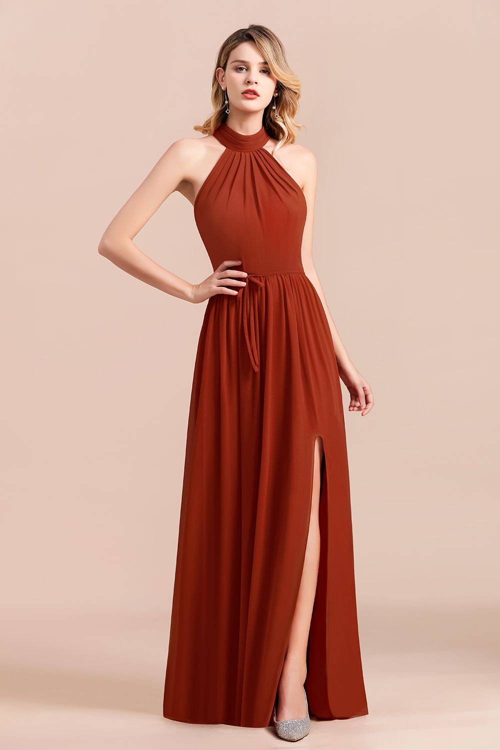 Rust Halter Long Bridesmaid Dresses Online With Front Split-27dress