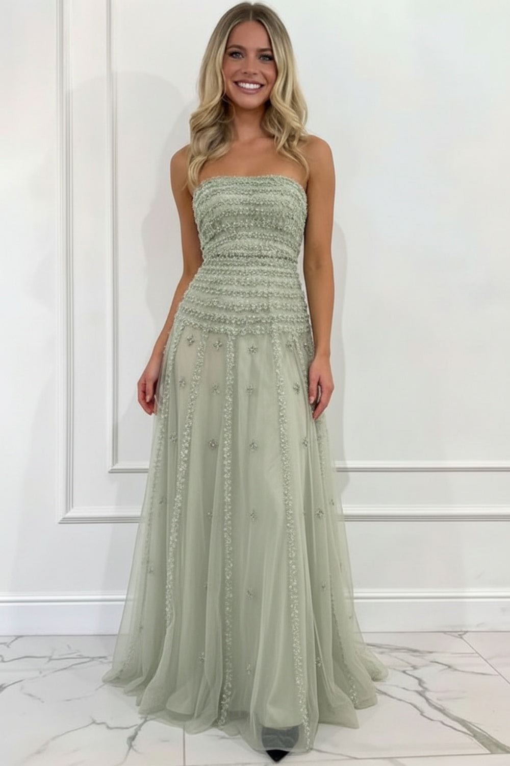 27Dress Sage Green Strapless A Line Sleeveless Prom Dress with Appliques