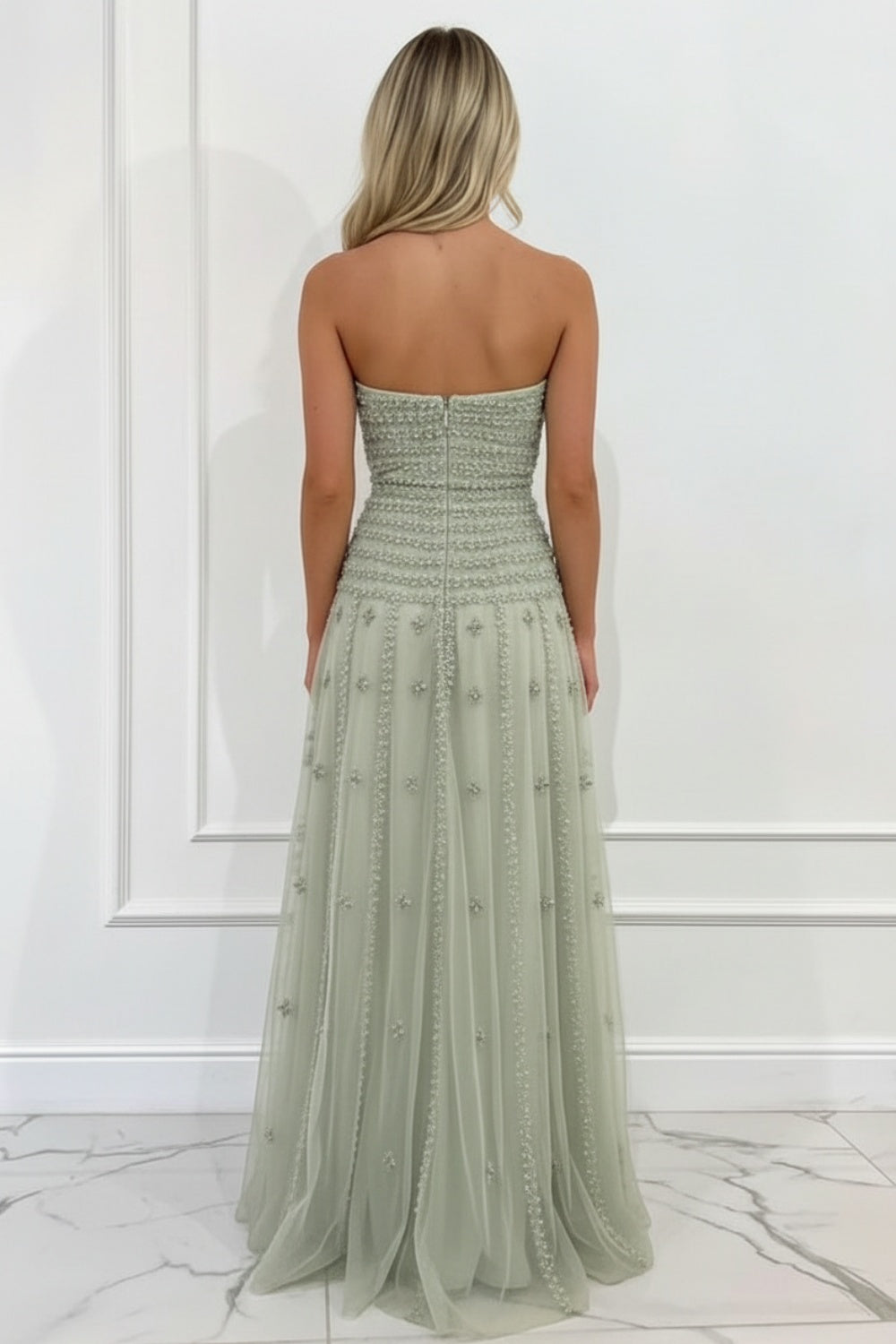 27Dress Sage Green Strapless A Line Sleeveless Prom Dress with Appliques
