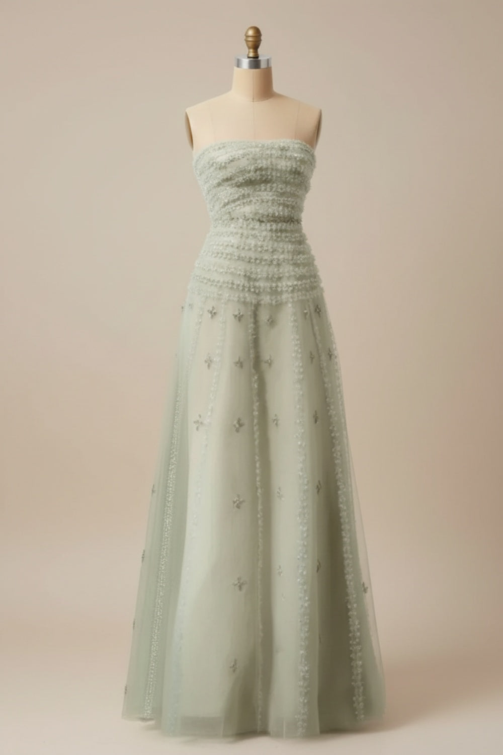 27Dress Sage Green Strapless A Line Sleeveless Prom Dress with Appliques