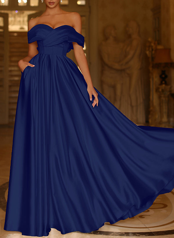 Satin A-Line Prom Dresses With Pockets ¨C Off-The-Shoulder-27dress