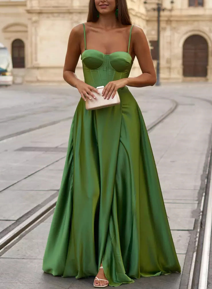 Satin A-Line Slit Prom Dress with Spaghetti Straps-27dress