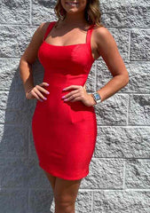 Satin Homecoming Dress with Pleated Sheath/Column Square Neckline and Sleeveless Short/Mini Elastic Design - 27Dress