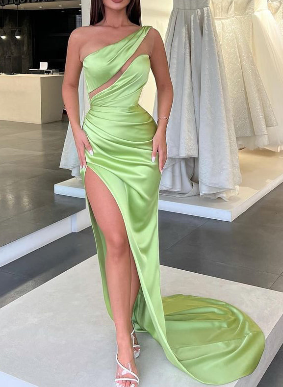 Satin One-Shoulder Prom Dress with Slit for Green Lovers-27dress