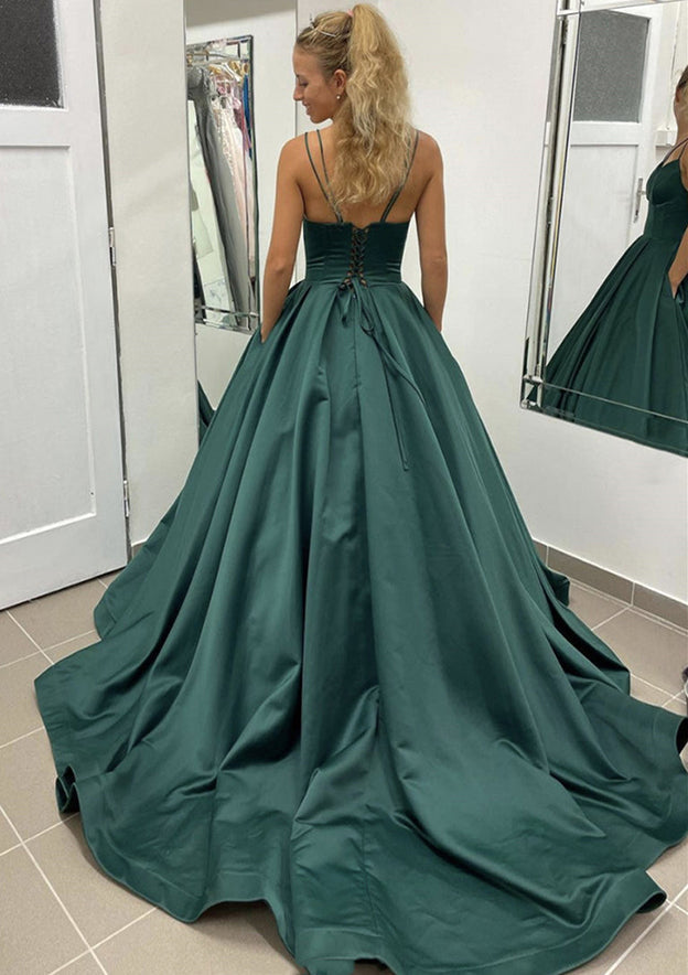 Satin Prom Dress with Pleated Pockets - Ball Gown Sleeveless Scalloped Neck Sweep Train-27dress