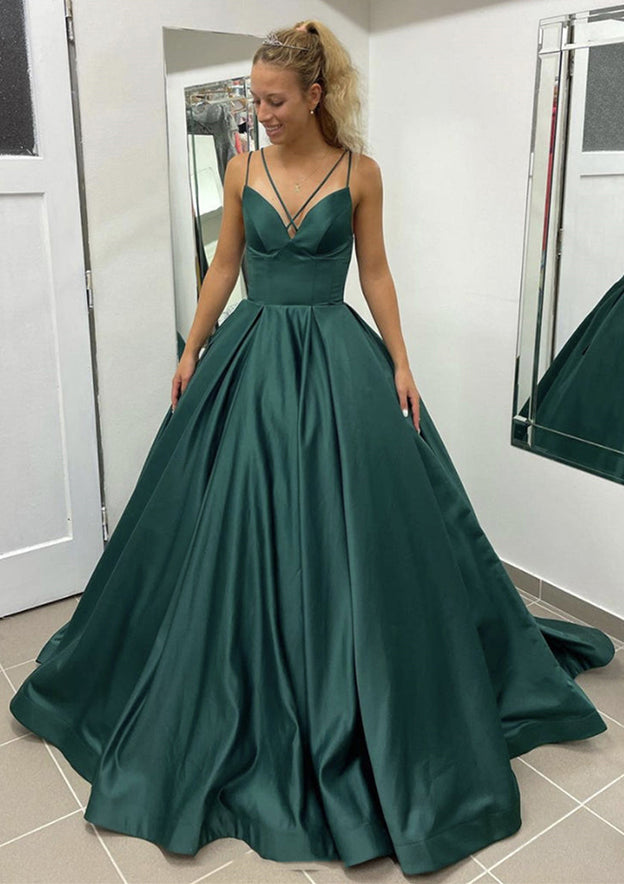 Satin Prom Dress with Pleated Pockets - Ball Gown Sleeveless Scalloped Neck Sweep Train-27dress
