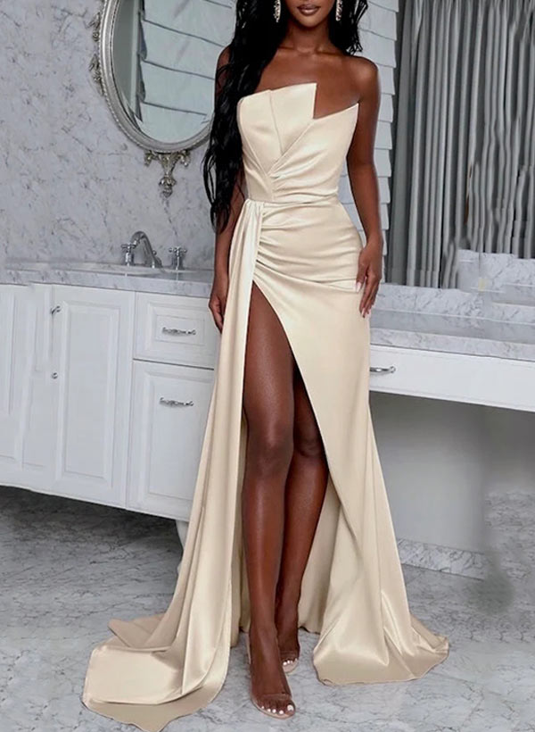 Sheath Sweep Train Sleeveless Satin Prom Dress with Split Front 27dress Sheath Sweep Train Sleeveless Satin Prom Dress with Split Front 27dress