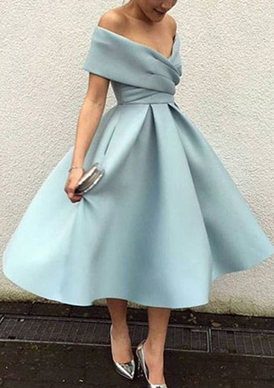 Satin Tea-Length Homecoming Dress With Pleated Ball Gown Off-the-Shoulder Sleeveless-27dress