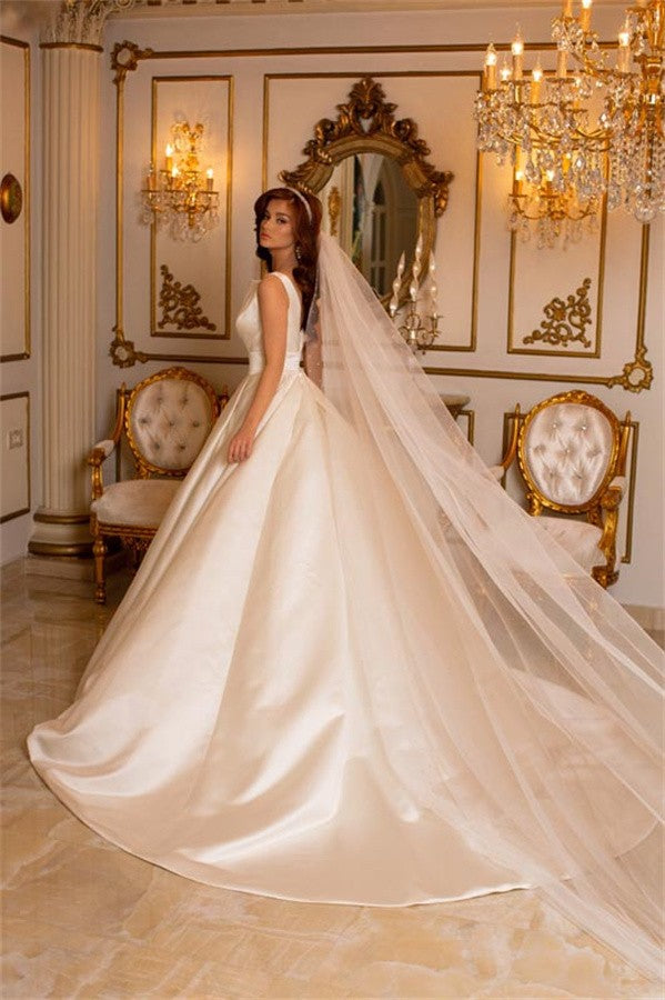 Satin Wedding Dress V-Neck Long With Pockets-27dress