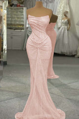 Sequin Strapless Sleeveless Long Mermaid Prom Dress With Pleated