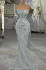Sequin Strapless Sleeveless Long Mermaid Prom Dress With Pleated