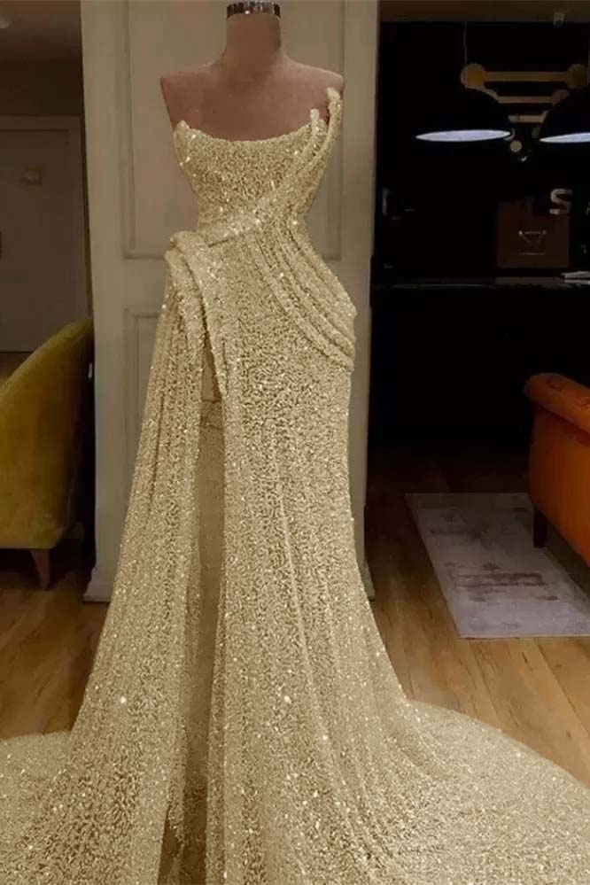 Sequin Strapless Sleeveless Long Mermaid Prom Dress With Split