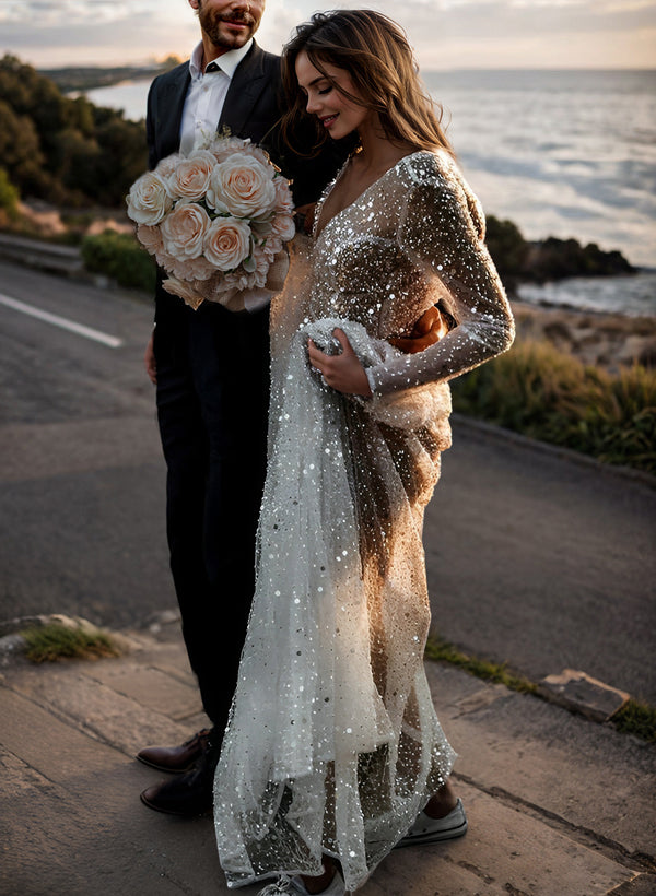 v neck sequin wedding dress Stunning A-line Lace Sexy Deep V-neck Sparkle Sequin Wedding Dresses, FC5447