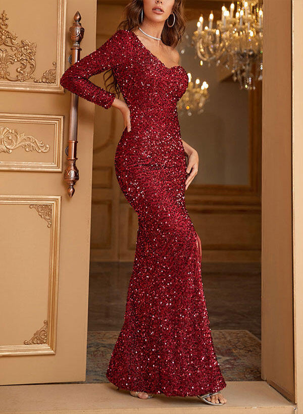 Load image into Gallery viewer, Sequined Floor-Length Burgundy Dress with Sequins Split Front for Women-27dress
