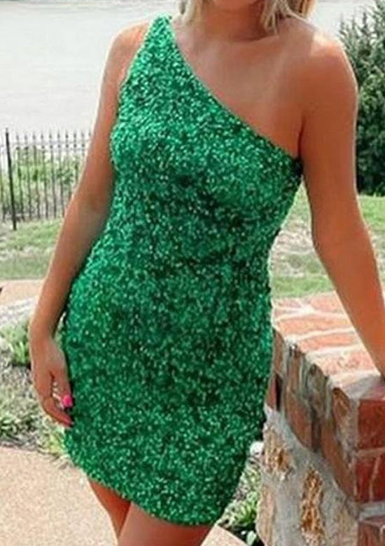 Sequined Short Homecoming Dress with One-Shoulder Sleeve - Sheath Column-27dress