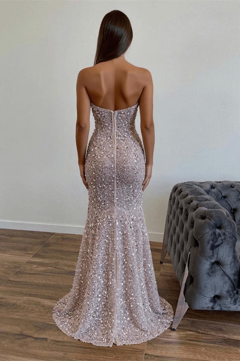 Sequined Strapless Sleeveless Prom Dress with Split Front and Sweep Train-27dress