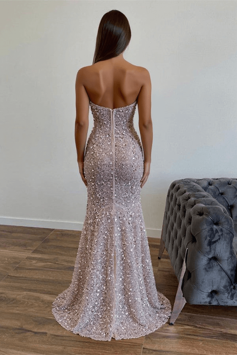 Sequined Strapless Sleeveless Prom Dress with Split Front and Sweep Train-27dress