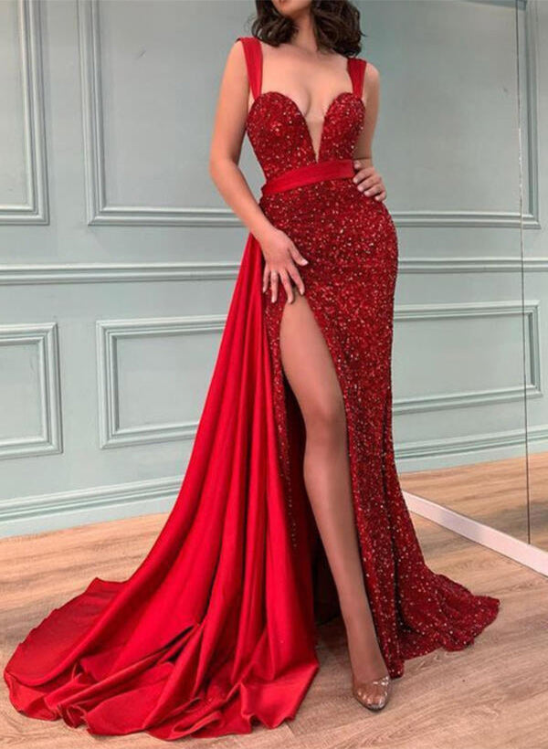 Load image into Gallery viewer, Sequined Sweetheart Prom Dress with Split Front Sequins and Sheath/Column Sweep Train-27dress
