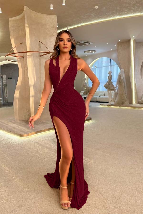 Sequins Halter Sleeveless Long Mermaid Prom Dress With Split Pleated