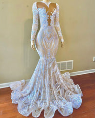 Sequins Lace White Mermaid Long Prom Dress Embroidery With Long Sleeves