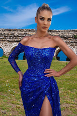 Sequins Long Sleeve Strapless Mermaid Long Prom Dress Blue With Front Split