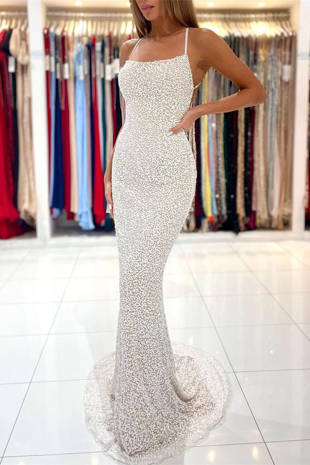 Sequins Mermaid Strapless Spaghetti Strap Long Prom Dress With Open Back