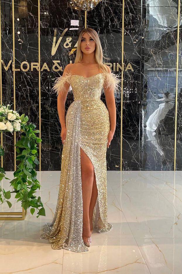 Sequins Off the Shoulder Mermaid Pleated Prom Dress Side Split With Ruffles
